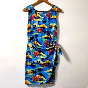 Vintage 90’s Kilani Tropical Hawaiian Blue Floral Faux Wrap Mini Dress Size M